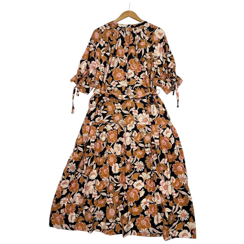 New Bohme Womens Medium Black Orange Floral Midi Dress Boho Belted Flowy Beachy - Picture 2 of 12